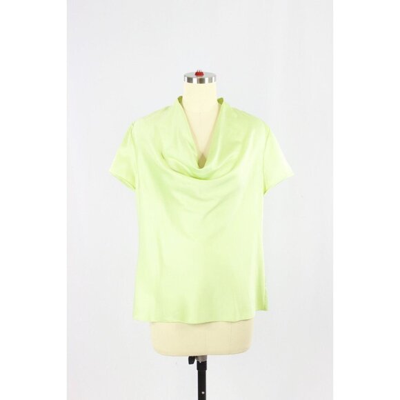 BROOKS BROTHERS Lime Green Satin Draped Cowl Neck Short Sleeve Blouse, Size 8 - Picture 1 of 11